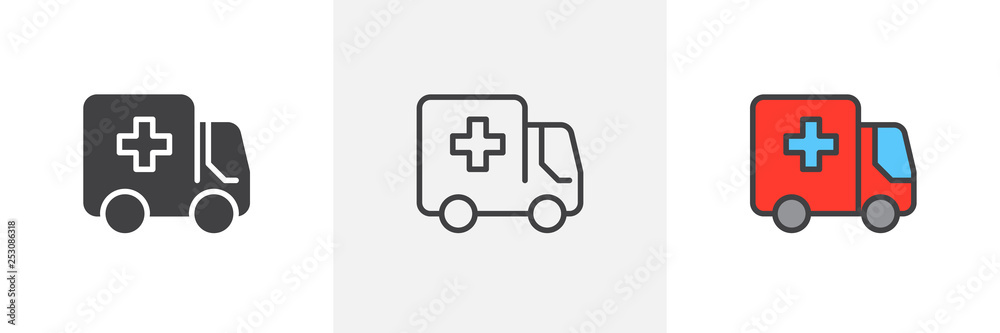 Fototapeta premium Ambulance truck icon. Line, glyph and filled outline colorful version, Emergency car with medical cross outline and filled vector sign. Symbol, logo illustration. Different style icons set. 