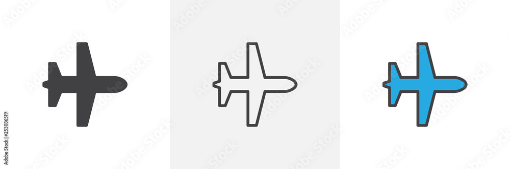 Plane, airplane icon. Line, glyph and filled outline colorful version, aircraft outline and filled vector sign. Symbol, logo illustration. Different style icons set. Pixel perfect vector graphics Plane, airplane icon. Line, glyph and filled outline colorful version, aircraft outline and filled vector sign. Symbol, logo illustration. Different style icons set. Pixel perfect vector graphics