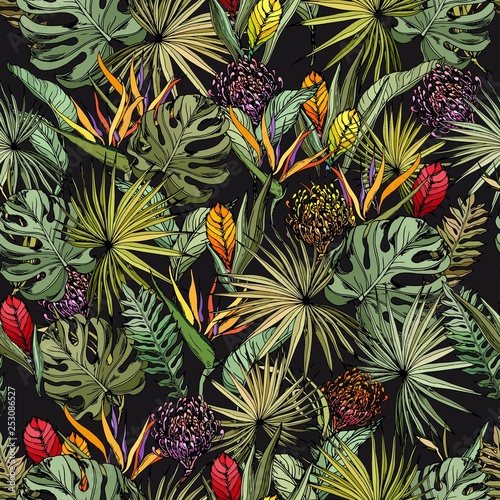 Seamless pattern with colorful exotic flowers and green tropical leaves. Hand drawn vector on black background.