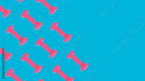 Pink dumbbell pattern on blue background with copy space. Creative layout for sport fitness equipment concept. Minimal style, flat lay, top view. Copy space