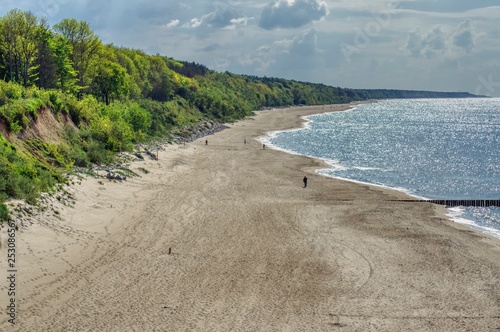 Obraz na płótnie empty wide Baltic beach with a wooded coast, view from above of the town of Rewal w salonie