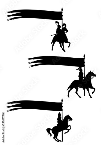 medieval knights riding horses and holding long banners with copy space - black and white vector silhouette set