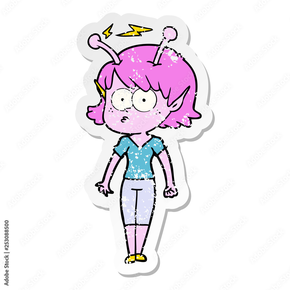distressed sticker of a cartoon alien girl distressed sticker of a cartoon alien girl