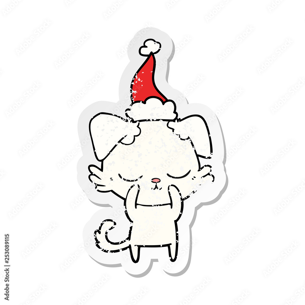 cute distressed sticker cartoon of a dog wearing santa hat cute distressed sticker cartoon of a dog wearing santa hat