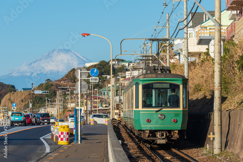 Enoshima Electric Railway - Enoden Train with Mount Fuji background