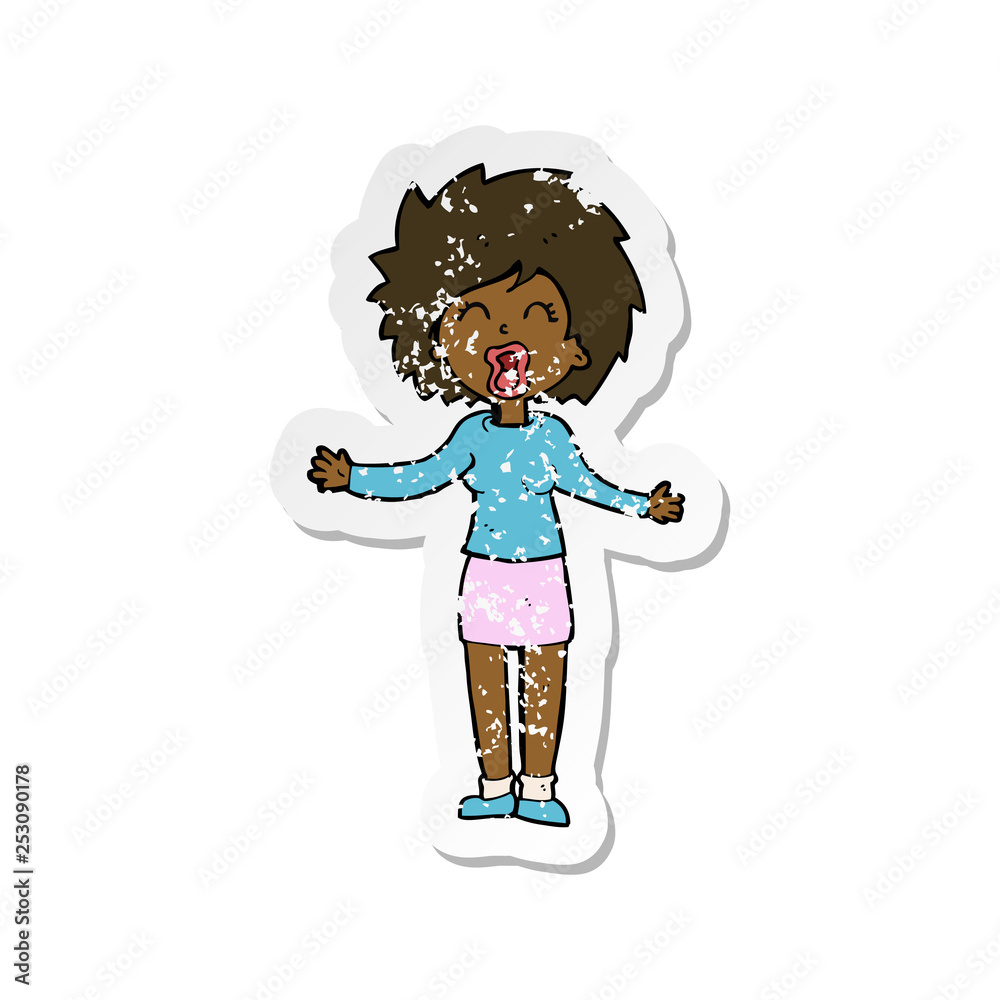 retro distressed sticker of a cartoon loud woman retro distressed sticker of a cartoon loud woman