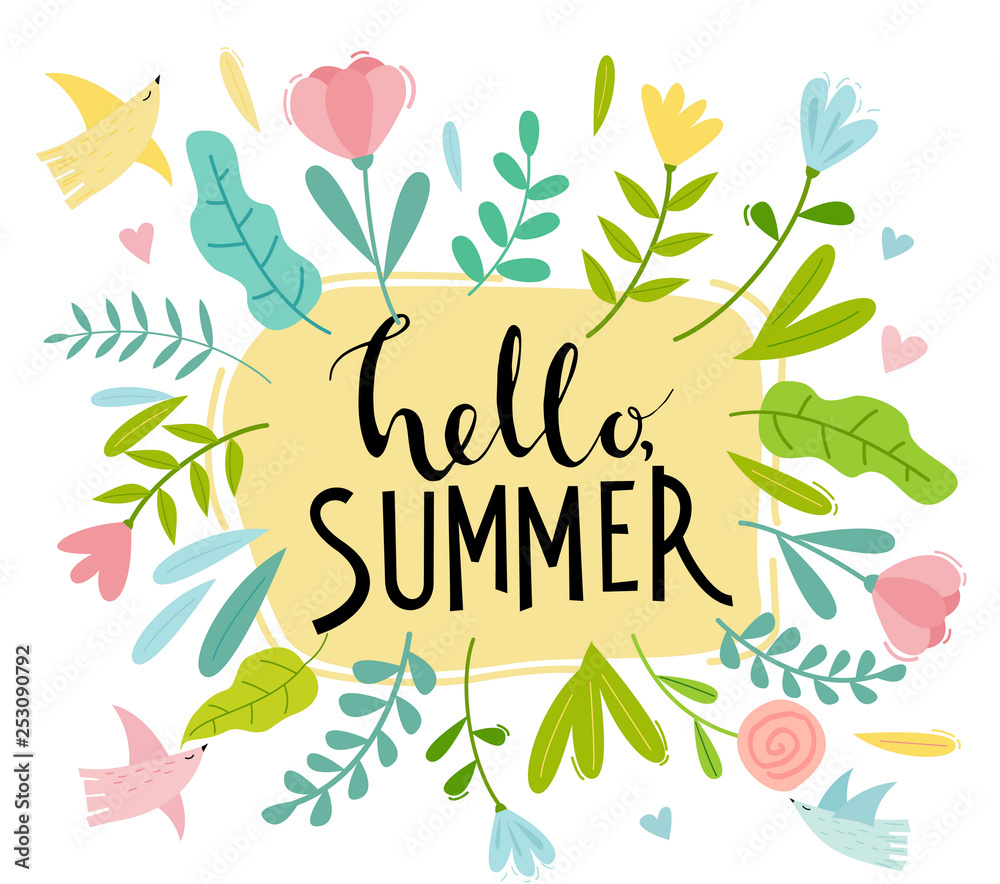 Hello Summer card with flowers, bird and hand drawn lettering 