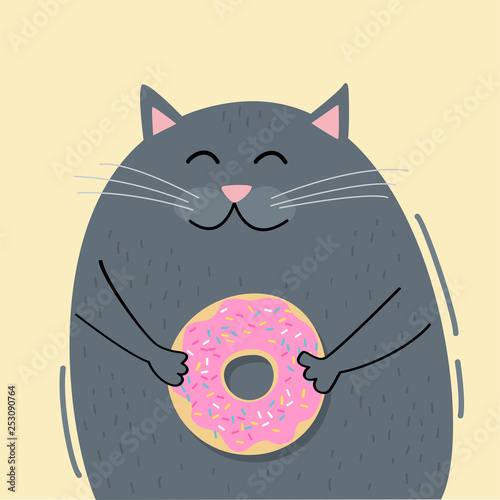 Cute smiling cat with donut. Cartoon illustration