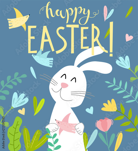 Happy Easter card with cute cartoon rabbit, flowers, bird and hand drawn lett...