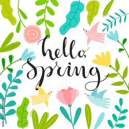 Hello Spring card with flowers, bird and hand drawn lettering