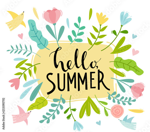 Hello Summer card with flowers, bird and hand drawn lettering