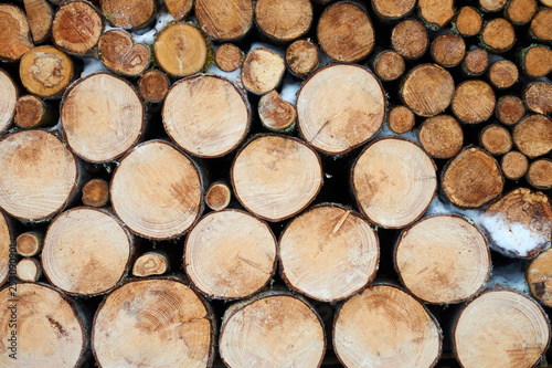 Background image of stacked, dry chopped logs used for firewood. Pile of logs ready to be used in fireplace. Alternative warming method. Natural energy.