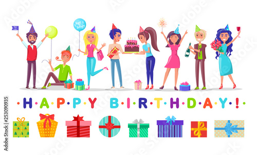 Happy birthday, men and women in festive hats vector. Gift boxes or presents, balloons and chocolate cake, champagne and bouquet, sparkler and pack
