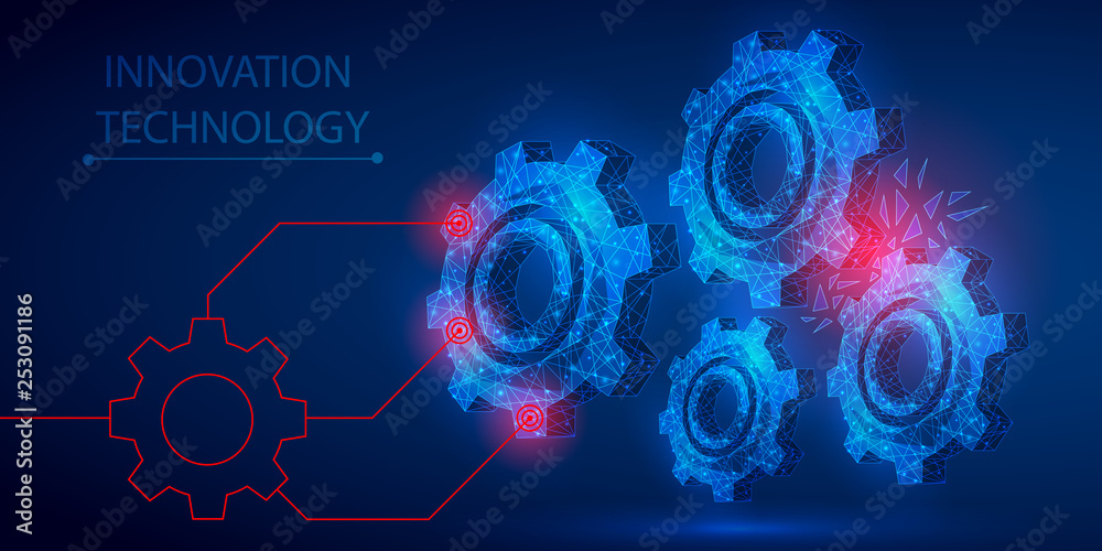Gear polygonal mechanism abstract background. The isolated concept of innovative technology, industrial technologies, business consists of low poly wireframe, geometry, lines, dots, polygons, shapes Gear polygonal mechanism abstract background. The isolated concept of innovative technology, industrial technologies, business consists of low poly wireframe, geometry, lines, dots, polygons, shapes