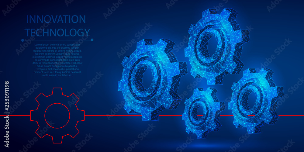 Gear polygonal mechanism abstract background. The isolated concept of innovative technology, industrial technologies, business consists of low poly wireframe, geometry, lines, dots, polygons, shapes