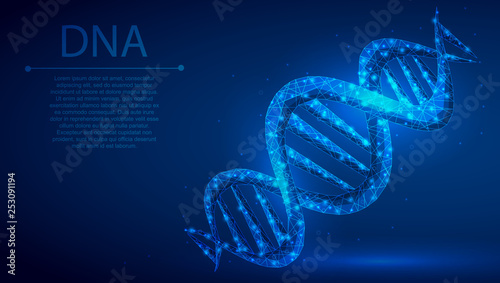 DNA polygonal mechanism abstract background. The isolated concept of medical science, genetic biotechnology consists of low poly wireframe, geometry triangle, lines, dots, polygons, shapes.