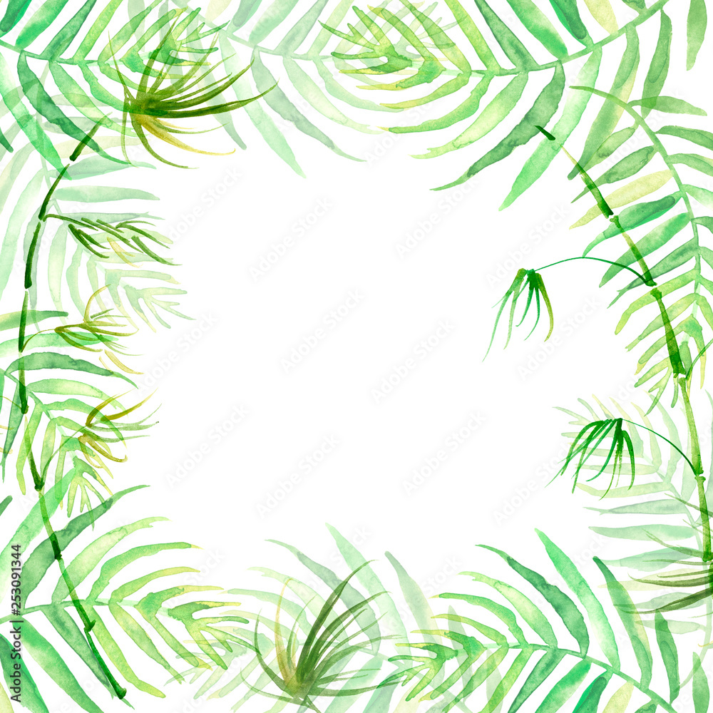 Watercolor frame tropical leaves and branches isolated. Palm leaf background, postcard. Green tropical palm leaf, bamboo. Illustration for design wedding invitations, greeting cards, postcards 