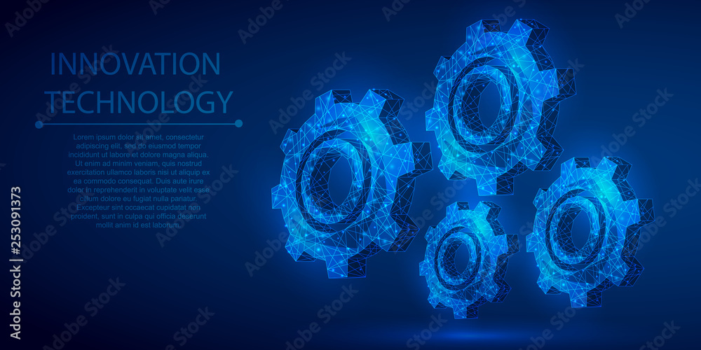 Gear polygonal mechanism abstract background. The isolated concept of innovative technology, industrial technologies, business consists of low poly wireframe, geometry, lines, dots, polygons, shapes