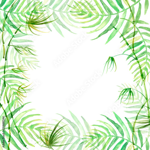 Watercolor frame tropical leaves and branches isolated. Palm leaf background  postcard. Green tropical palm leaf  bamboo. Illustration for design wedding invitations  greeting cards  postcards 