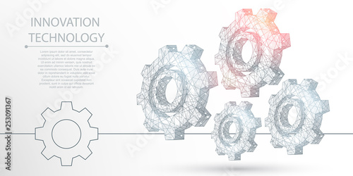 Gear polygonal mechanism abstract background. The isolated concept of innovative technology, industrial technologies, business consists of low poly wireframe, geometry, lines, dots, polygons, shapes