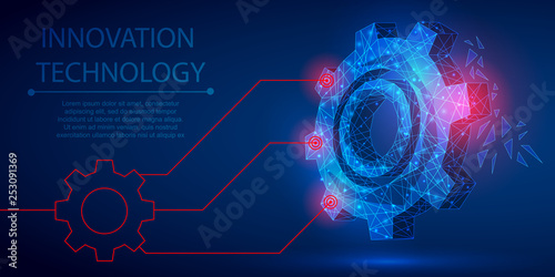 Gear polygonal mechanism abstract background. The isolated concept of innovative technology, industrial technologies, business consists of low poly wireframe, geometry, lines, dots, polygons, shapes