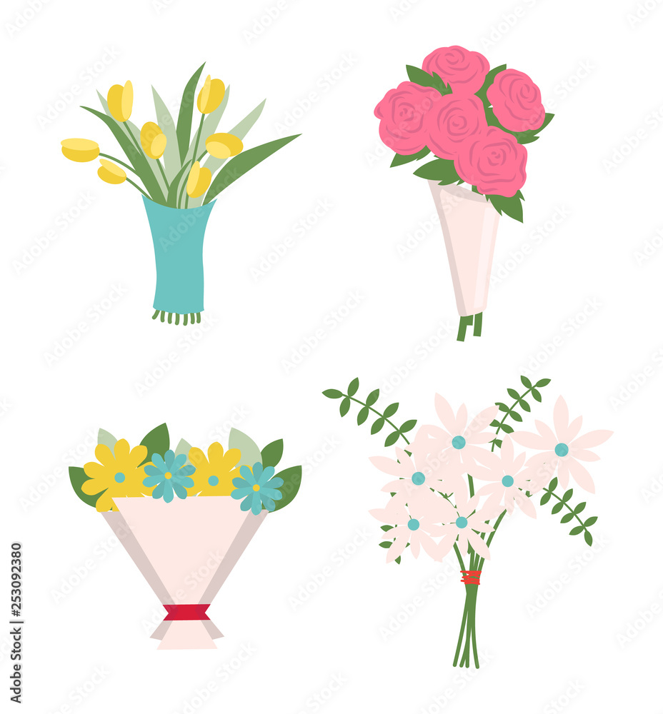 Fototapeta Kwiaty w zawijaniu wektor, zestaw ikon na białym tle ozdoba. Tulipany i róże w papierze związane czerwoną wstążką, zieloną paprocią i liśćmi, obecny pąk róży