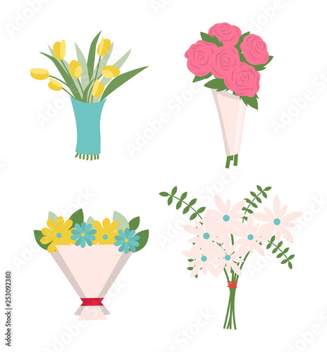 Flowers in wrapping vector, decoration isolated icons set. Tulips and roses in paper tied with red ribbon, green fern and foliage, rosebud present
