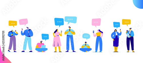 Virtual communication concept. Group of Young People Characters Chatting Using Smartphone. Flat vector  characters isolated on white background