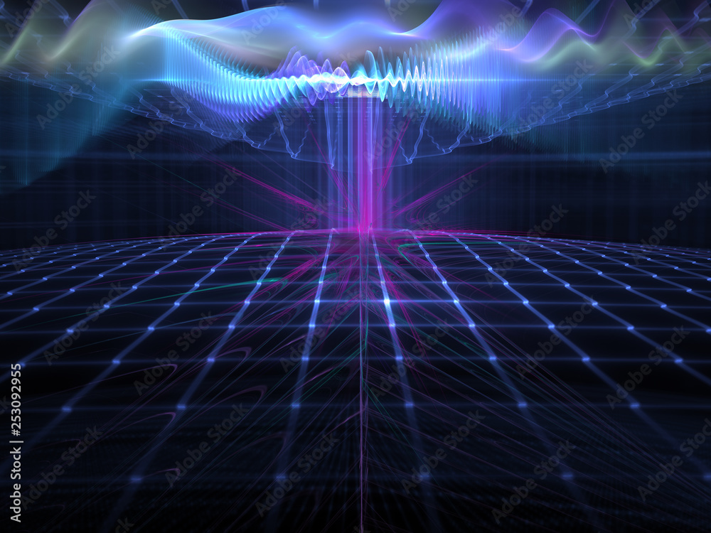 Obraz premium Abstract techno futuristic landscape, rays and waves.