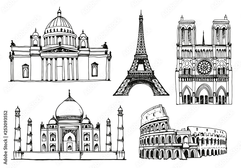 Landmarks of the world. Italy, France, Russia, India