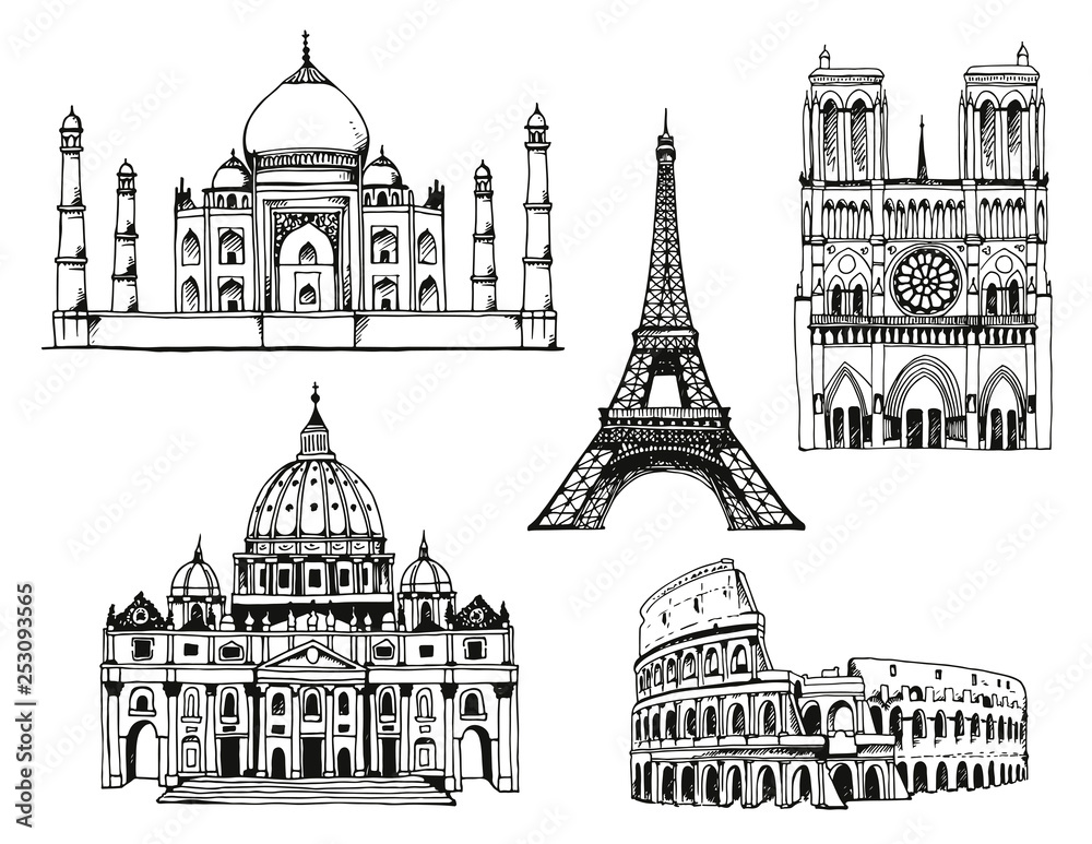 Attractions of the world. Italy, France, Russia, India