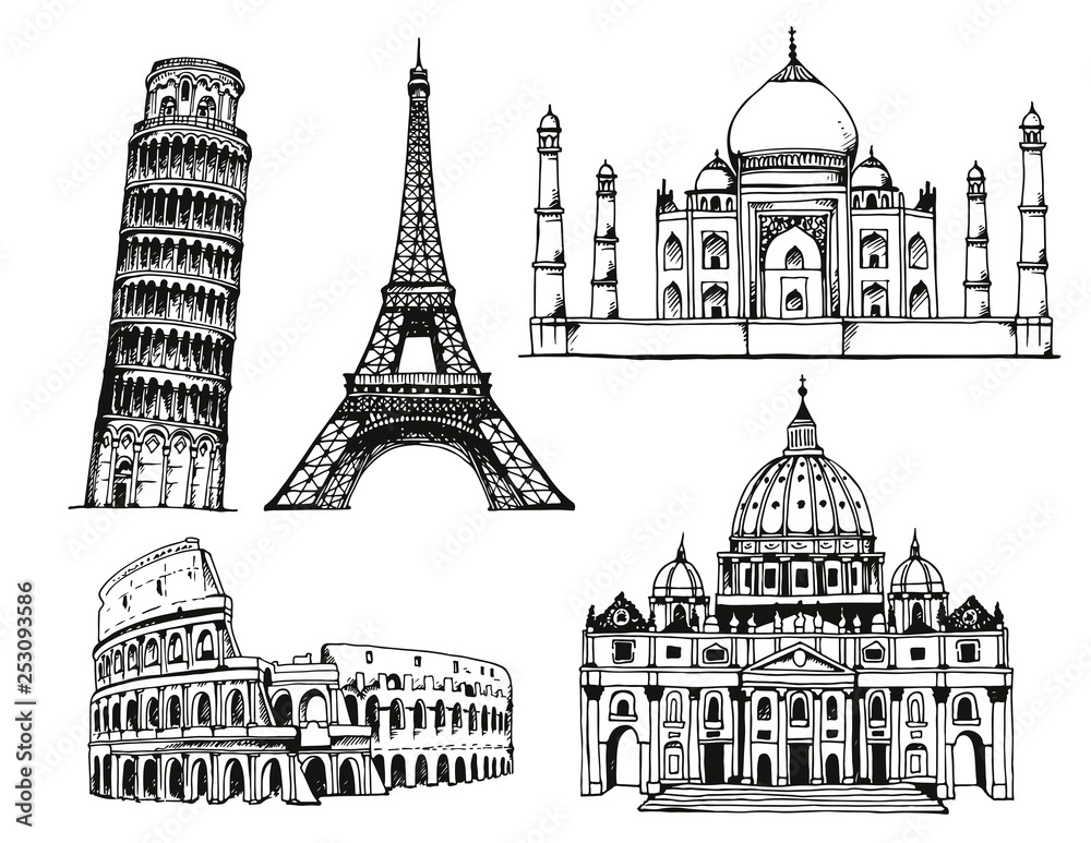 Landmarks of the world. Italy, France, India