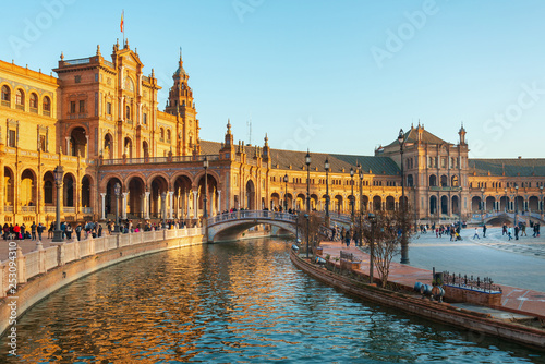 SEVILLA, SPAIN - January 13, 2018: The Spain Square is a plaza in the Parque de Maria Luisa in Seville