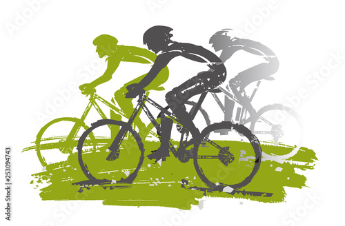  Cycling race, mountain bikers,expressive Stylized.  Illustration of cyclists in full speed. Imitation of hand drawing. Isolated on white background.Vector available.