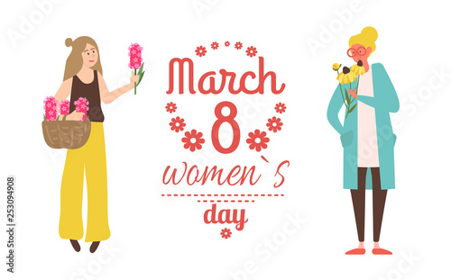 Woman holding basket of pink lilac, girl smelling yellow violets. Ladies international holiday, spring greeting postcard, 8 March, festive vector