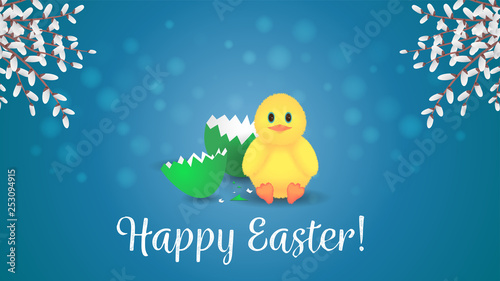 Yellow chicken hatched from an Easter egg. Vector Easter greeting banner