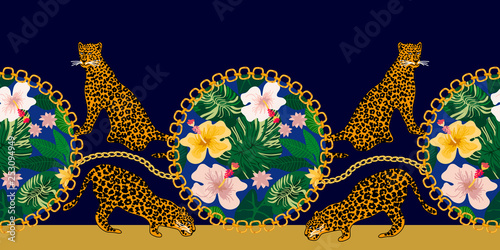 Border with leopards, tigers and tropical plants.