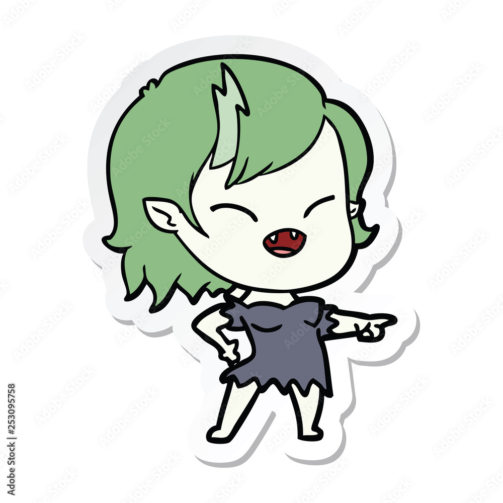 sticker of a cartoon vampire girl pointing and laughing sticker of a cartoon vampire girl pointing and laughing