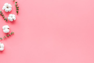 Flowers border with green eucalyptus branches and dry cotton flowers on pink background top view space for text