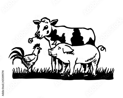 Animal farm, cow, pig and cock, black and white icon