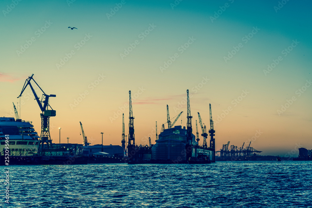 Hamburg harbour and shipyard on the Elbe river, Hamburg, Germany