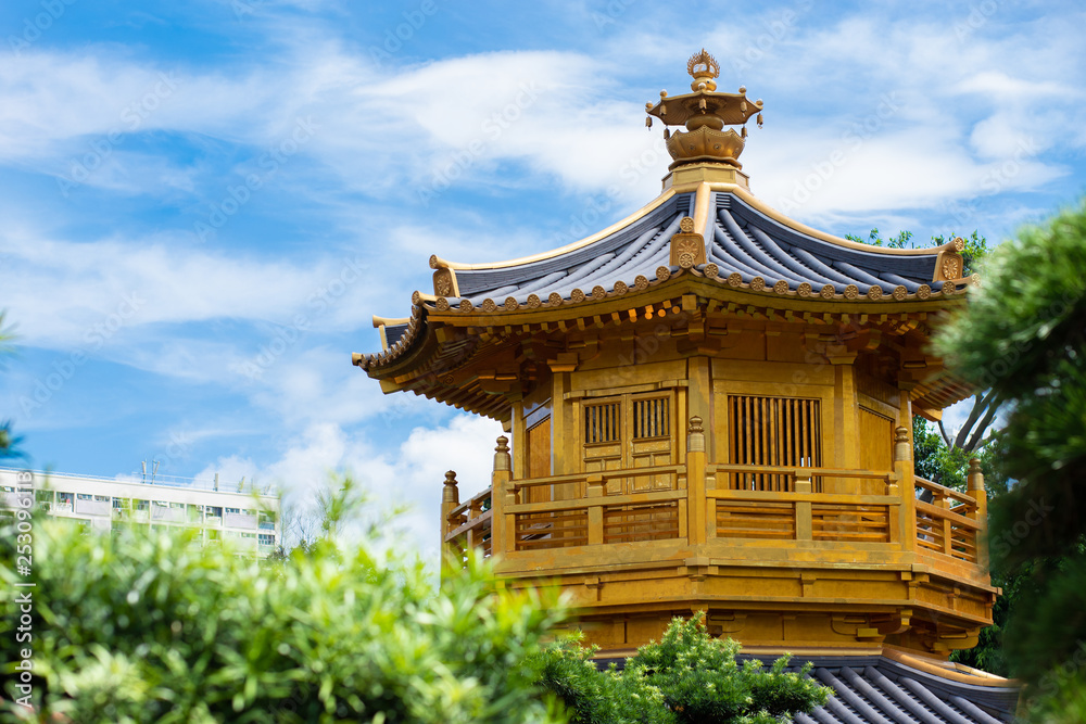 Fototapeta premium Chi Lin Nunnery and Nan Lian Garden. Golden pavilion of absolute perfection in Nan Lian Garden in Chi Lin Nunnery, Hong Kong, China