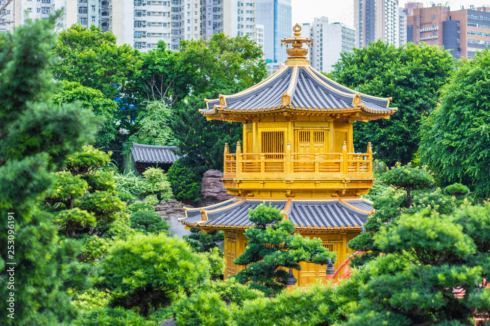 Chi Lin Nunnery and Nan Lian Garden. Golden pavilion of absolute perfection in Nan Lian Garden in Chi Lin Nunnery, Hong Kong, China Chi Lin Nunnery and Nan Lian Garden. Golden pavilion of absolute perfection in Nan Lian Garden in Chi Lin Nunnery, Hong Kong, China