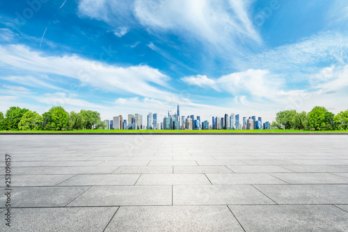 Empty square floor and panoramic city skyline with buildings in shanghai