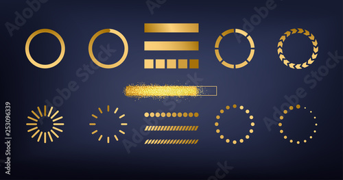 Glitter gold sparkles bar website buffer loader or preloader icons set illustration. New Year vector download or upload status luxury bright glittering star dust template. Expectation of the holiday