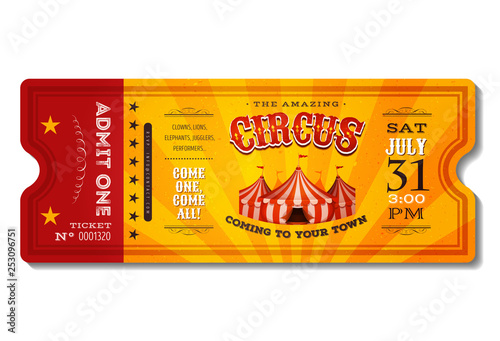 Vintage Circus Ticket/ Illustration of a vintage and retro design circus ticket, with big top, admit one coupon mention, bar code and text elements for arts festival and events