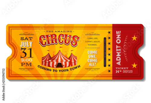 Vintage Circus Ticket/ Illustration of a vintage and retro design circus ticket, with big top, admit one coupon mention, bar code and text elements for arts festival and events