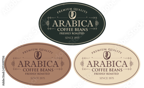 Vector set of labels for freshly roasted coffee beans. Coffee labels with coffee bean in oval frame in retro style with inscription Arabica.