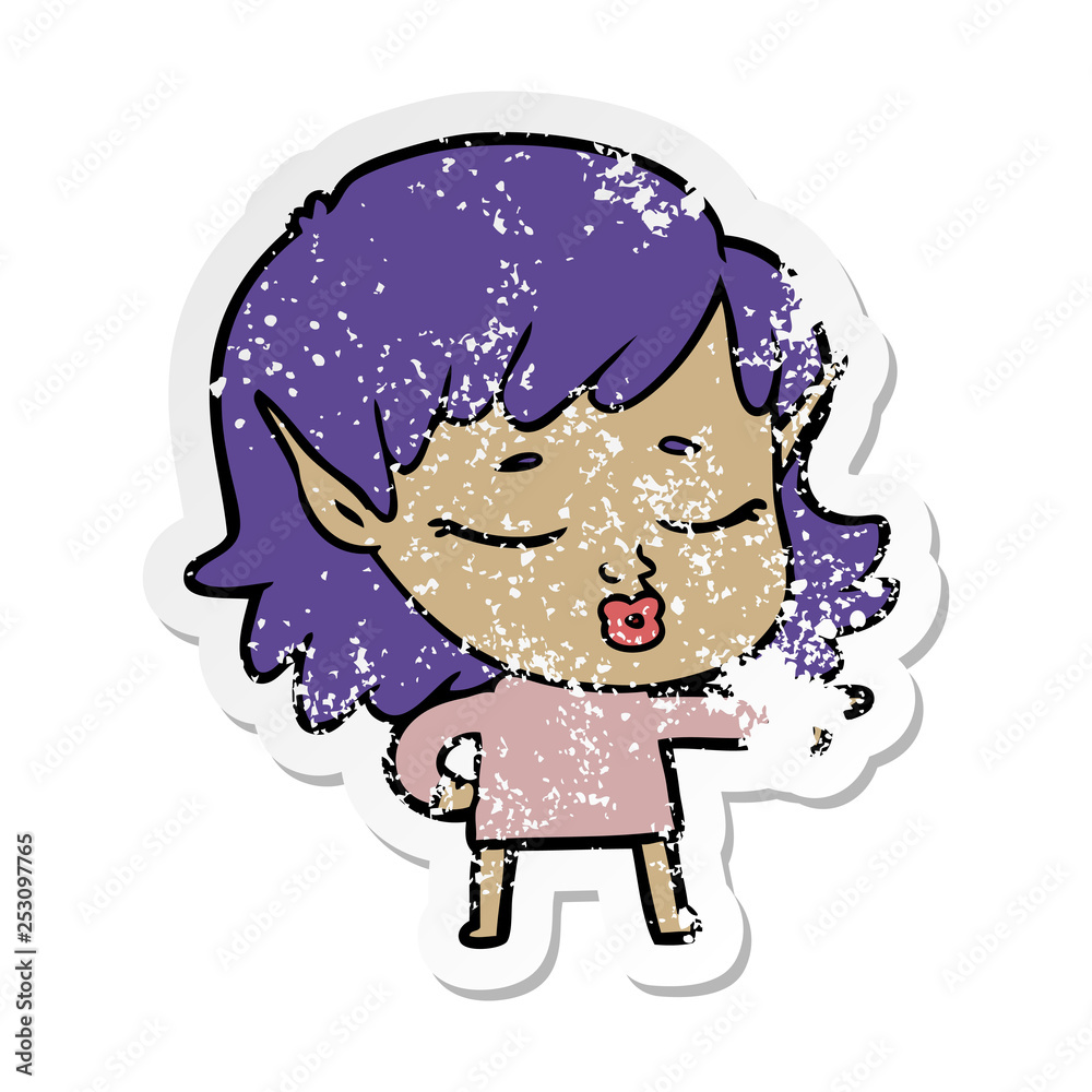 distressed sticker of a pretty cartoon elf girl pointing distressed sticker of a pretty cartoon elf girl pointing