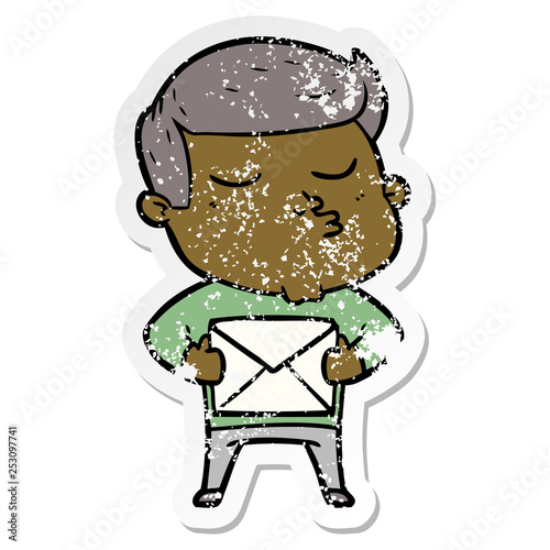 distressed sticker of a cartoon model guy pouting